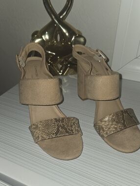 Chinese Laundry Neutral Tan Block Heel Sandals with Snake-Print Toe Strap